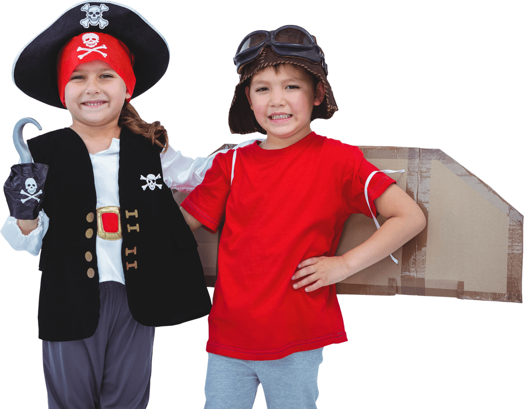 Transparent Kids in Pirate and Pilot Costumes Smiling Together