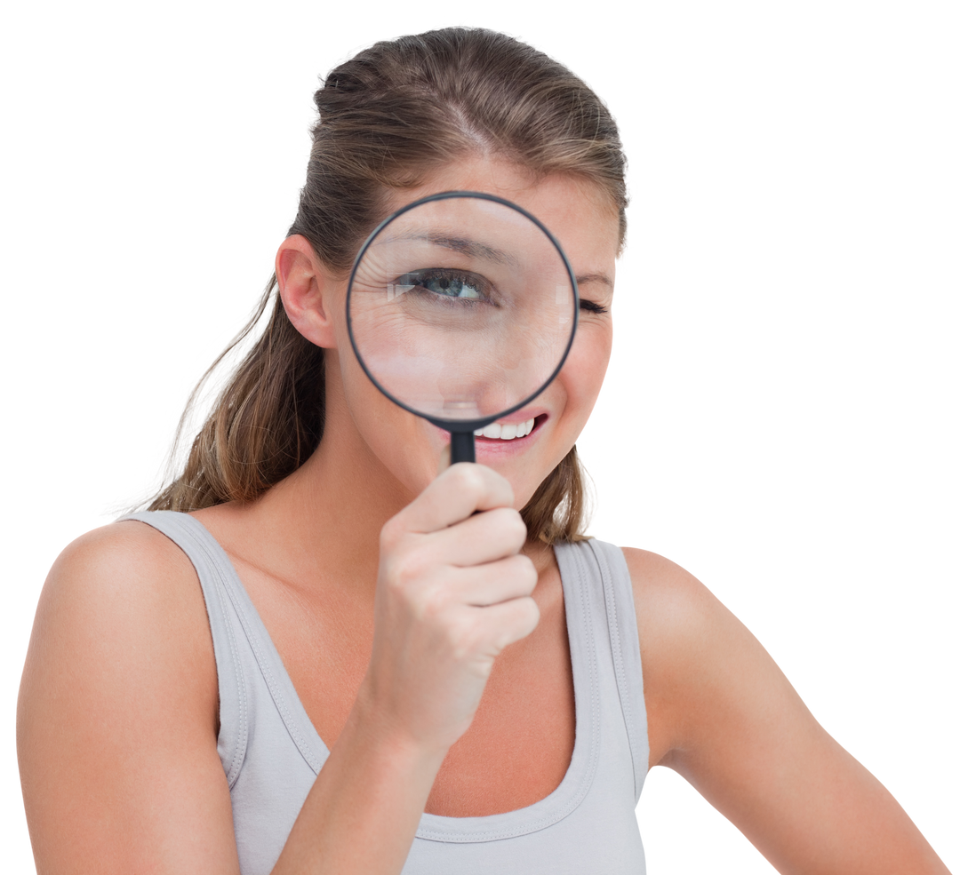 Woman Holding Magnifying Glass with One Eye Enlarged Transparent Background - Download Free Stock Images Pikwizard.com