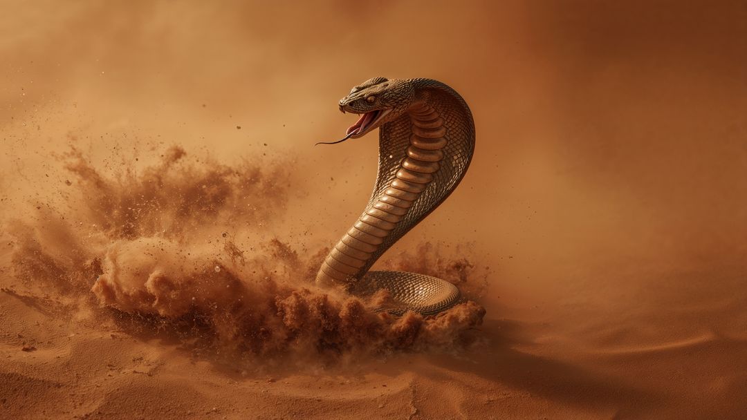 Hooded Cobra Striking in Desert Dust Cloud