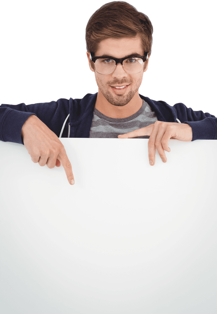 Man Wearing Glasses Pointing at Blank Transparent Billboard