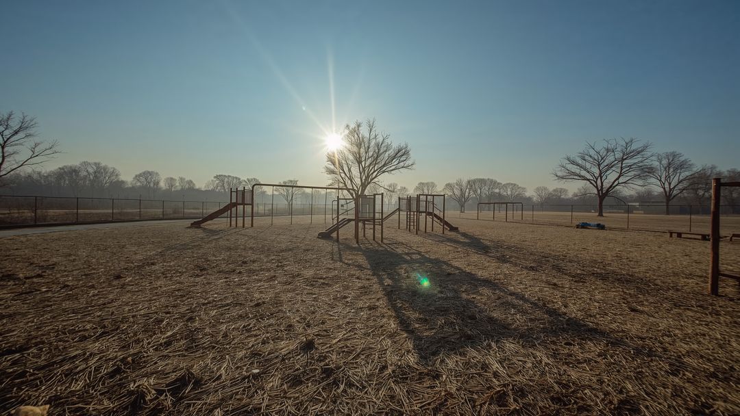 Empty Playground with Metal Structures During Sunrise