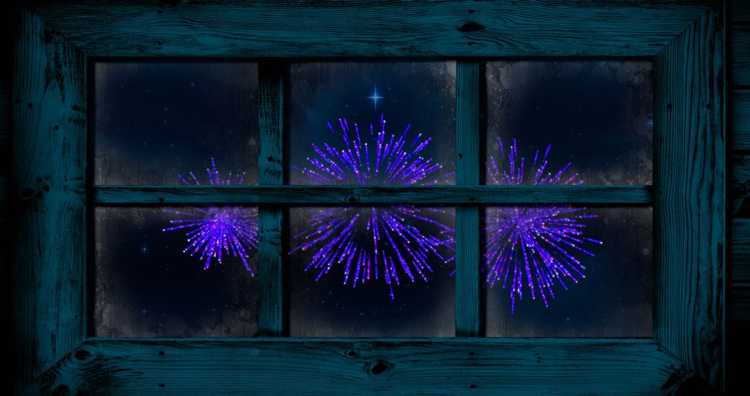 Purple Fireworks Viewed Through a Rustic Window on Holiday Night