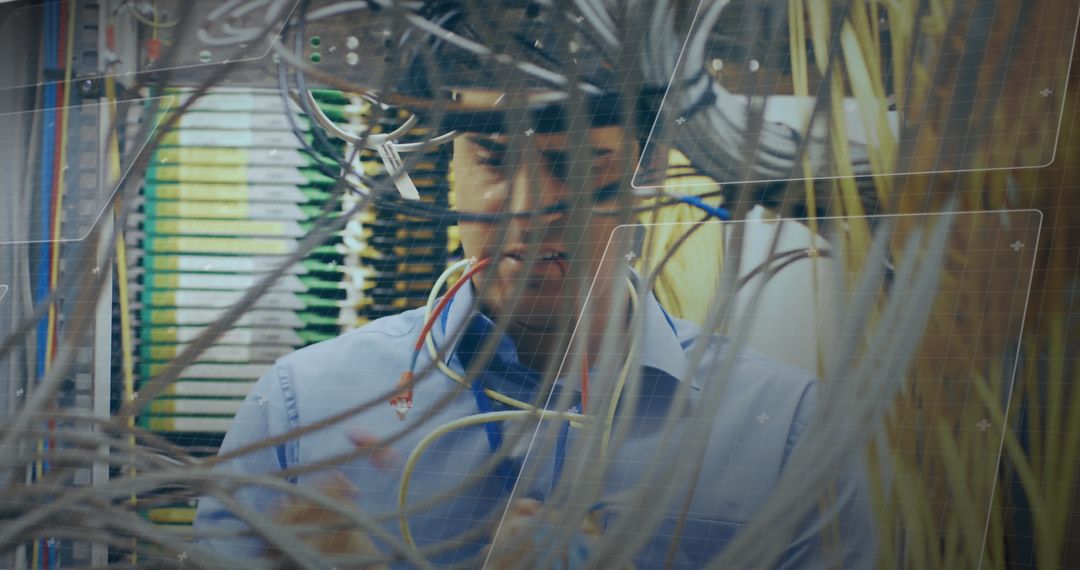 Technician Managing Complex Cables in Data Center Server Room