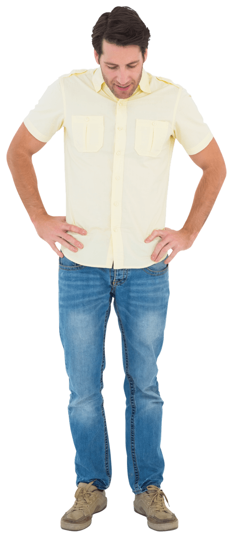 Man in Casual Attire Looking at Floor Transparent Background