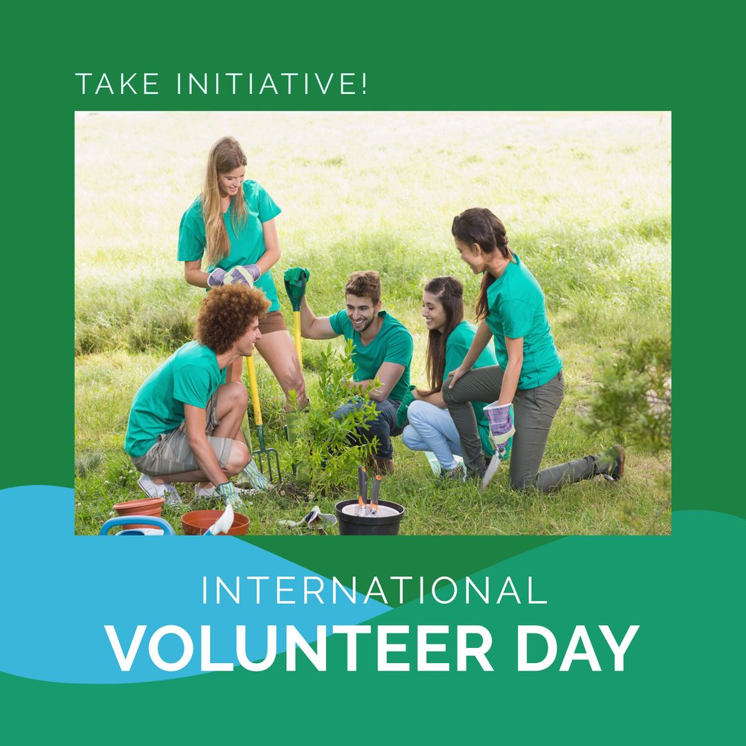 Diverse Volunteers Planting Tree Celebrating International Volunteer Day