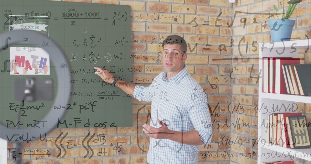Math Teacher Explaining Formulas with Equations Overlay