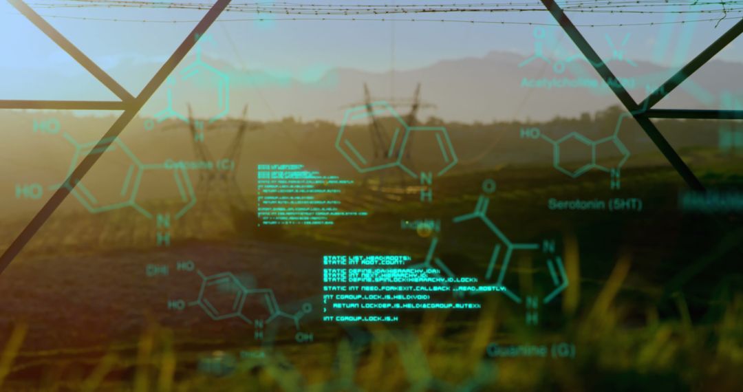 Digital Chemical Data Overlaid on Scenic Field at Sunset