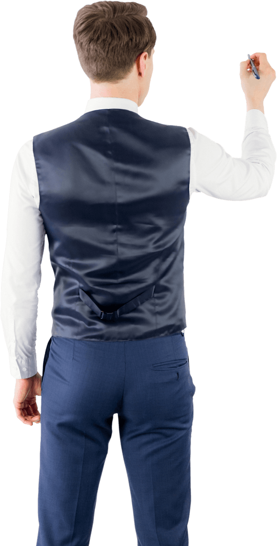 Transparent Businessman Writing with Pen from Behind