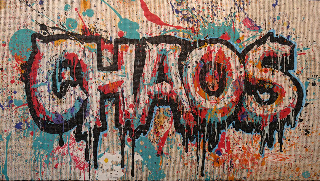 Dripping CHAOS Graffiti on Textured Canvas with Vibrant Color Splatter