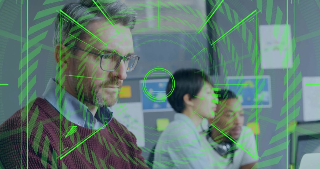 Focused Professional with Digital Interface in Collaborative Workspace