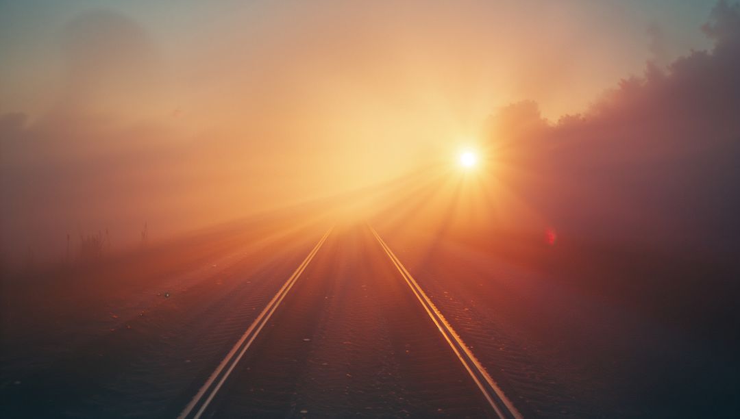 Sunrise Illuminating Foggy Roadway Creating Mystical Atmosphere