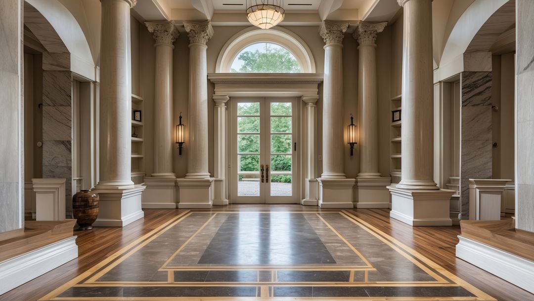 Grand Foyer with Marble Columns and Hardwood Flooring