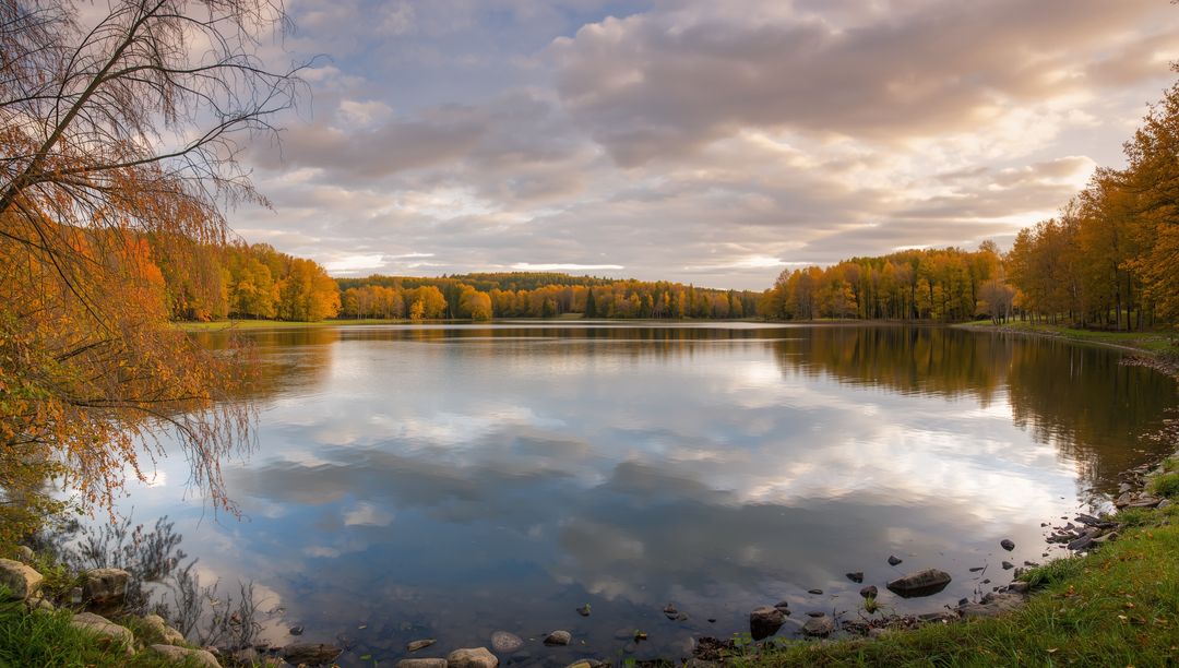 Serene Lake Reflecting Cloudy Sky with Autumn Foliage
