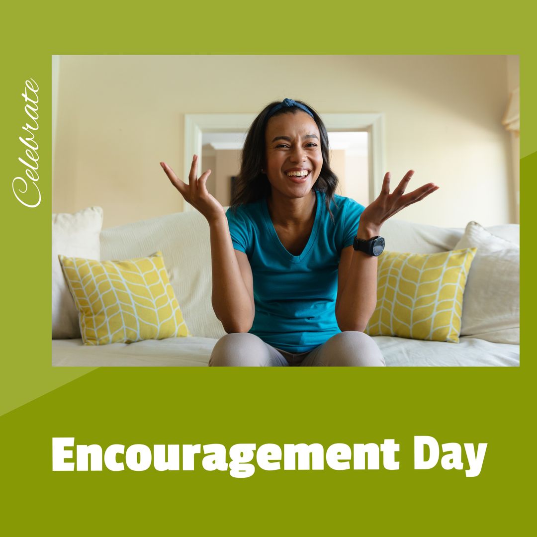 Portrait of happy biracial young woman shrugging hands on sofa and celebrate encouragement day text - Download Free Stock Templates Pikwizard.com