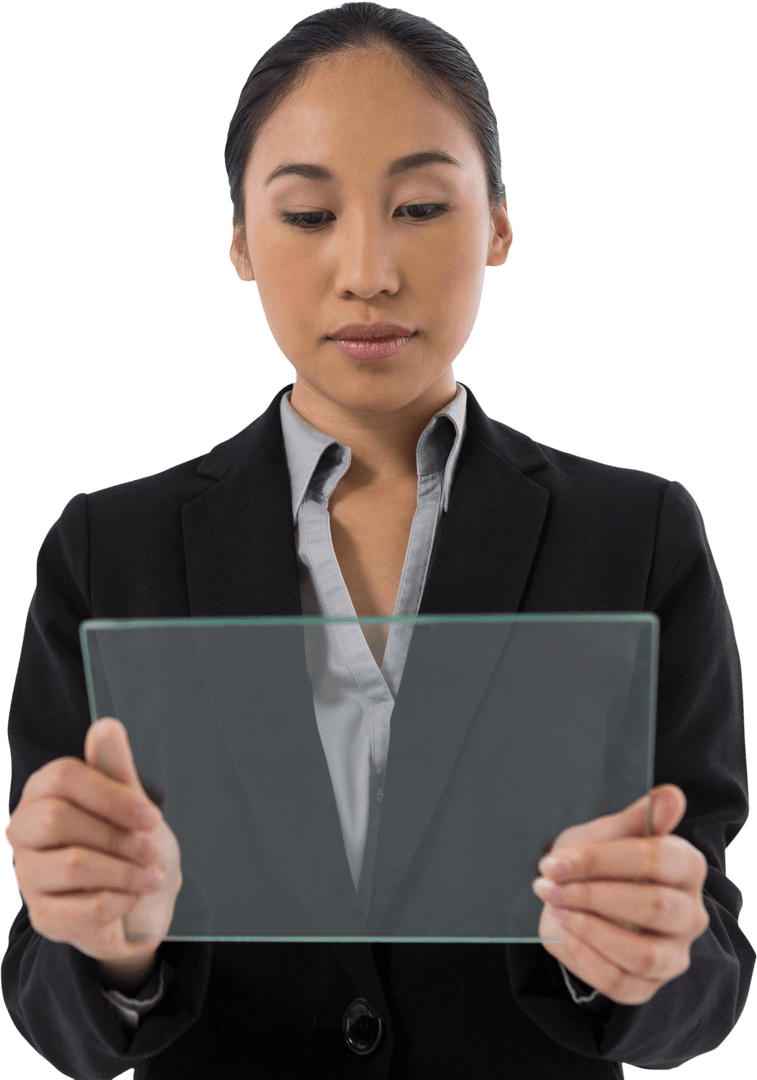 Businesswoman Holding Transparent Digital Tablet with Focused Expression