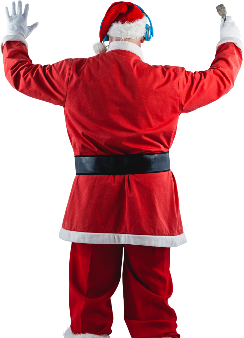 Rear View of Santa Claus in Costume Listening to Music with Headphones Transparent Background - Download Free Stock Images Pikwizard.com