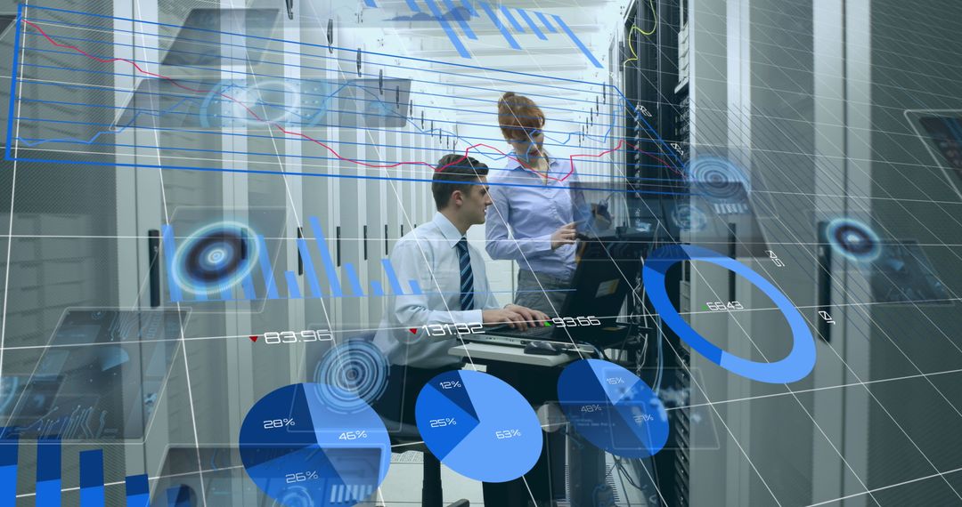 Business Professionals Analyzing Digital Data in Modern Server Room