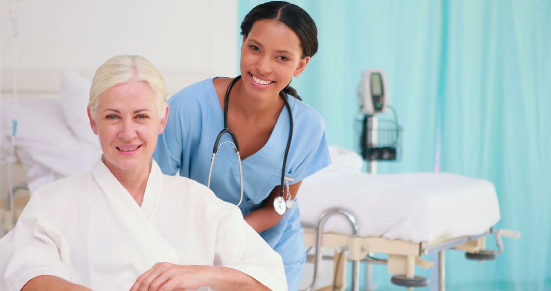 A middle-aged Caucasian woman is being cared for by a young Asian nurse, with copy space - Free Images, Stock Photos and Pictures on Pikwizard.com