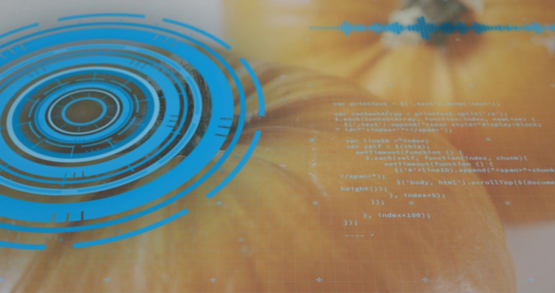 Blue Circular HUD Overlaying Amber Surface with Code Waveform and Futuristic Grid Mockup