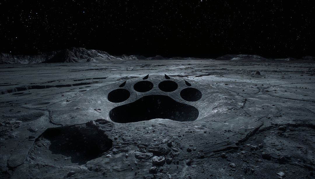 Lunar Paw Basin Casting Long Shadows Across Desolate Moon Plain Under Starry Night Sky