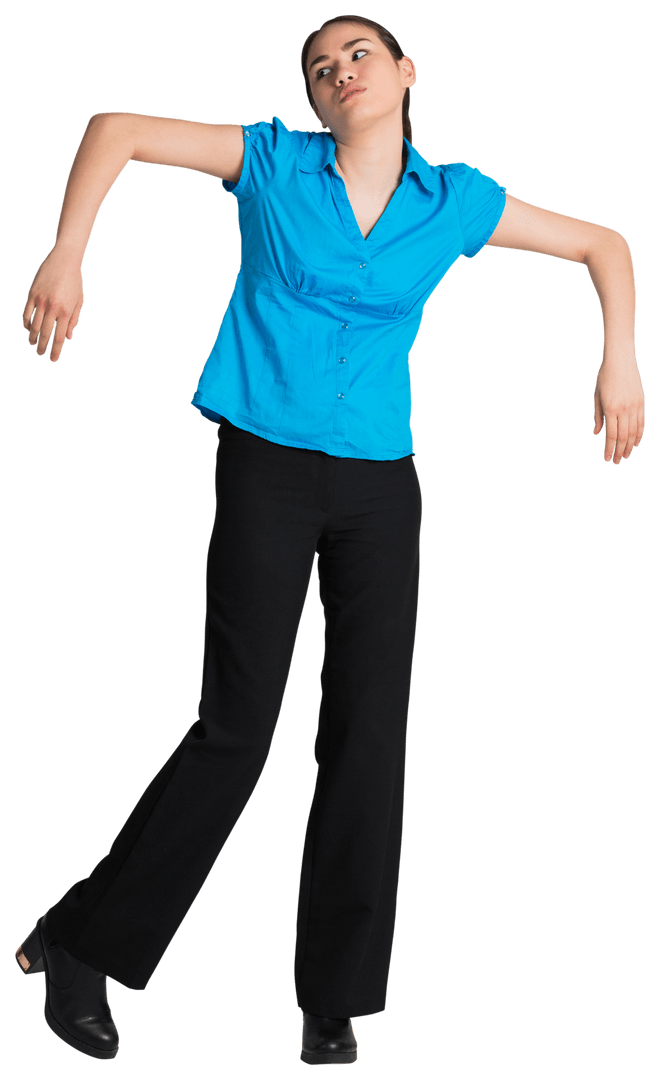 Expressive Woman Posing with Raised Elbows on Transparent Background