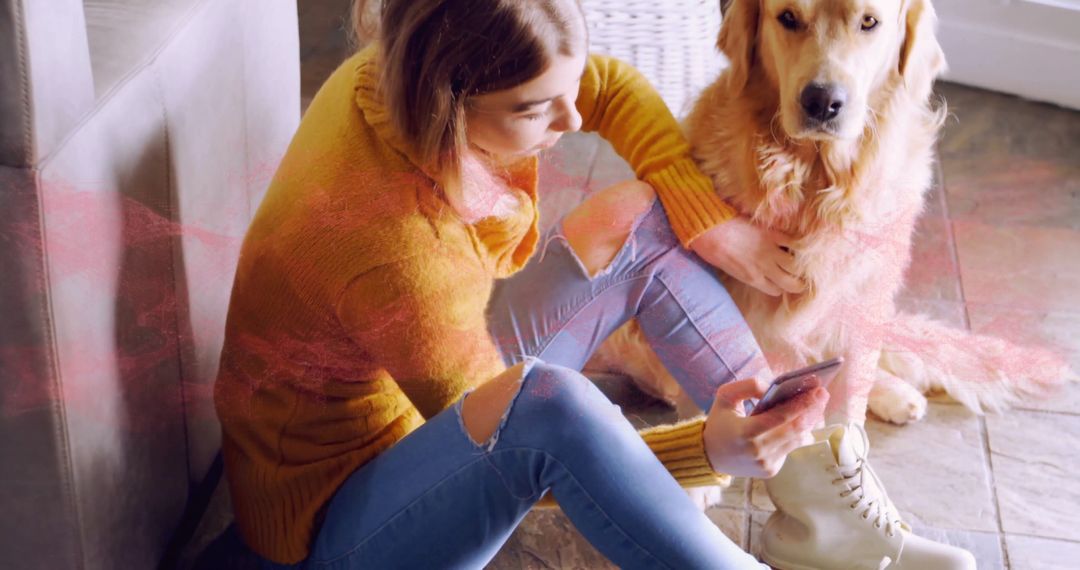 Woman Relaxing with Dog at Home Using Smartphone
