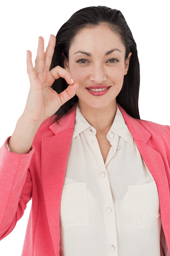 Smiling Businesswoman Making OK Gesture on Transparent Background