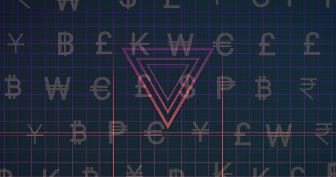 Digital Currency Symbols on Dark Grid Background