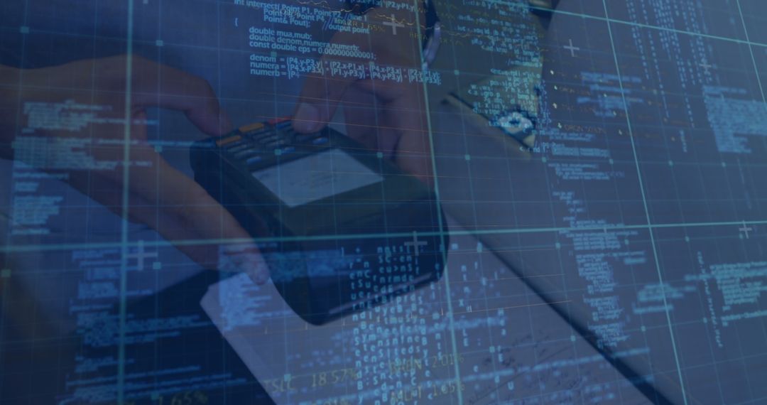 Two Men Engaged with Smartphone Overlaid with Code Graphic