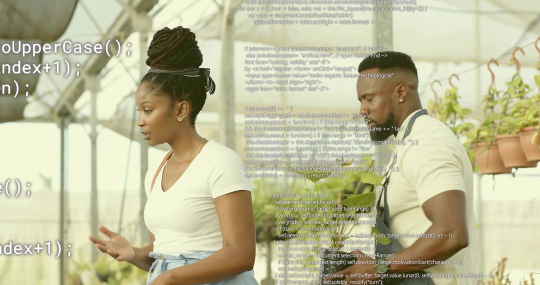 Greenhouse team examining potted plants with code overlay highlighting smart horticulture