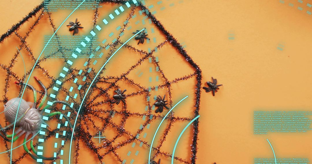 Cyberpunk Halloween Tinsel Spider Web with Cyan HUD Overlays on Orange Flatlay Marketing