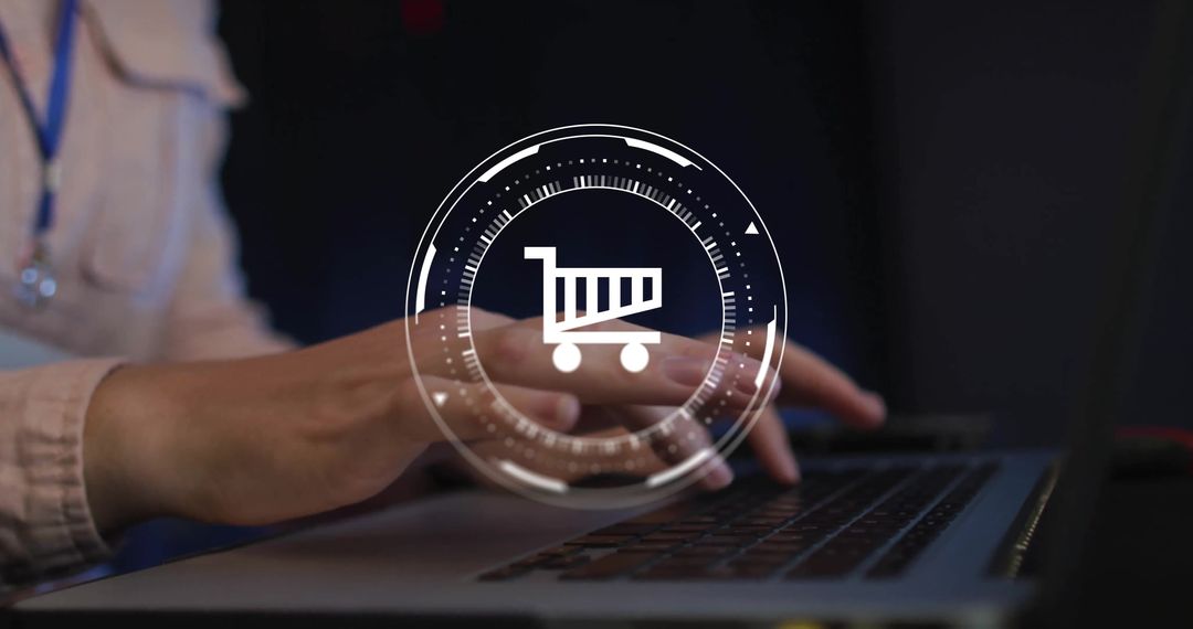 Hands Typing on Laptop with Digital Shopping Icon