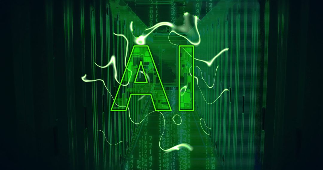 Glowing AI Letters with Futuristic Digital Data Background