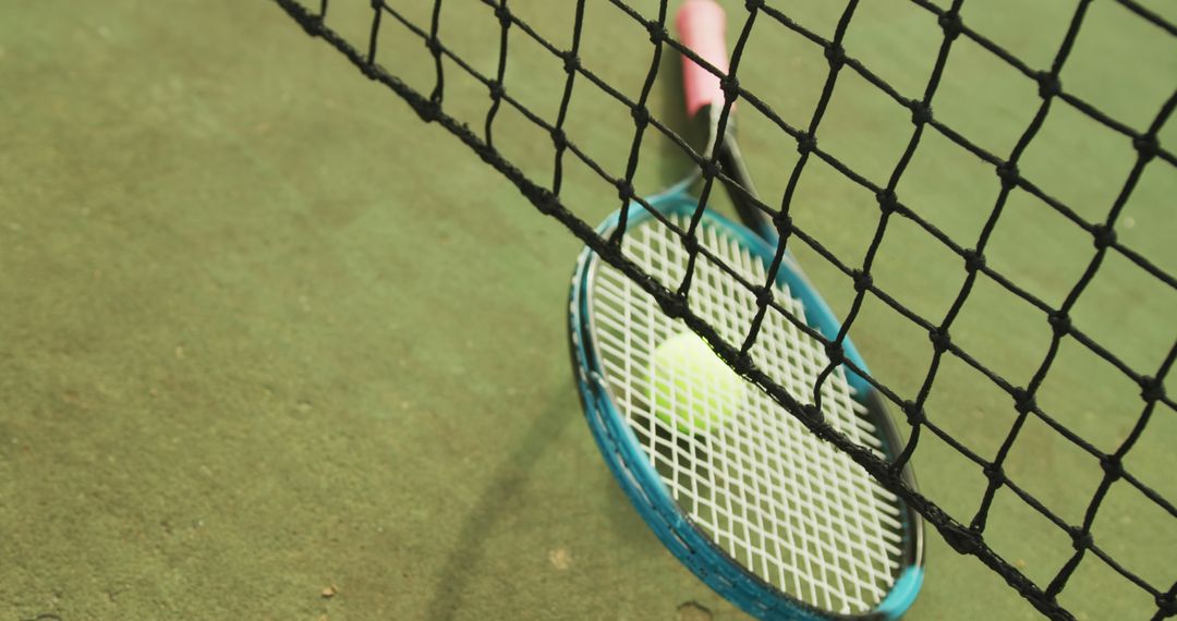 Image of tennis racket and tennis ball on the green court - Free Images, Stock Photos and Pictures on Pikwizard.com