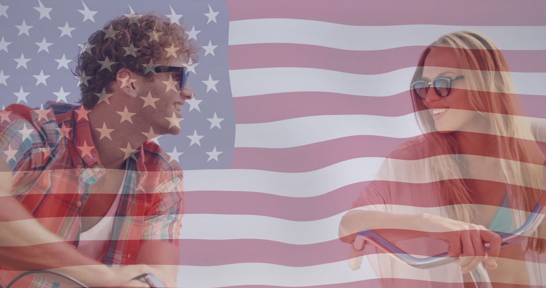 Joyful Couple Cycling under American Flag