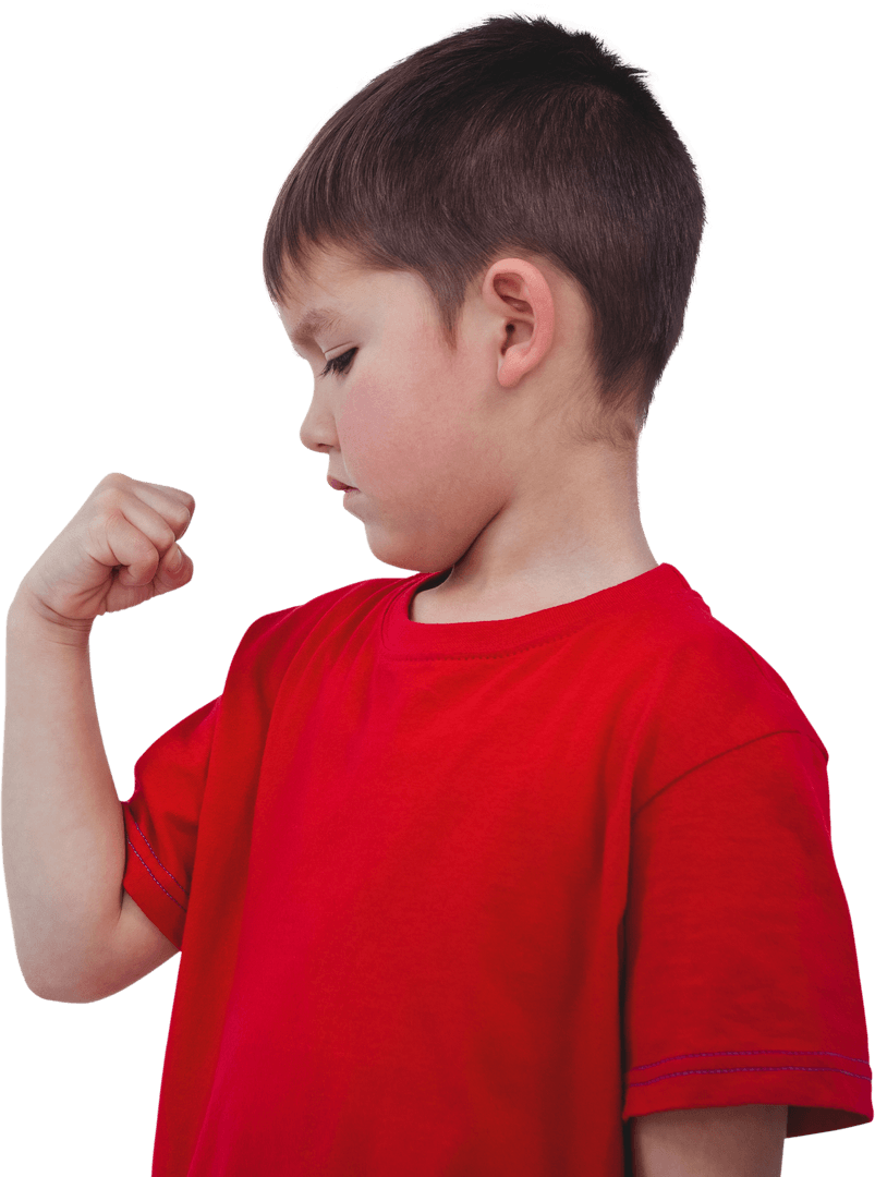 Young Boy Admiring Bicep in Red Shirt on Transparent Background