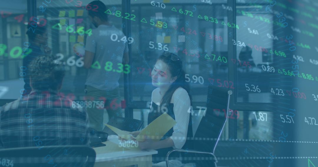 Diverse Team Collaborating in Office with Stock Market Data Overlay