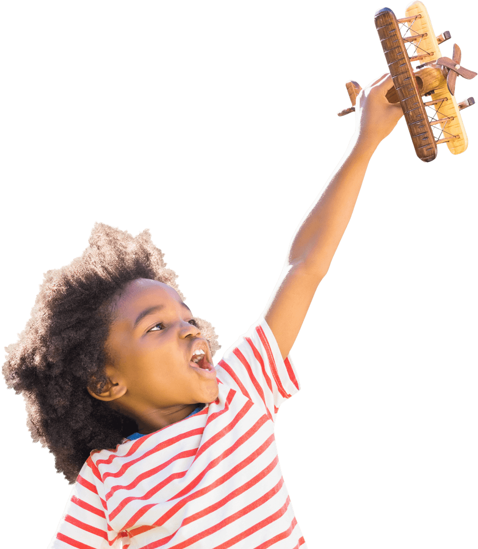 Joyful Child Holding Wooden Airplane with Enthusiasm Transparent
