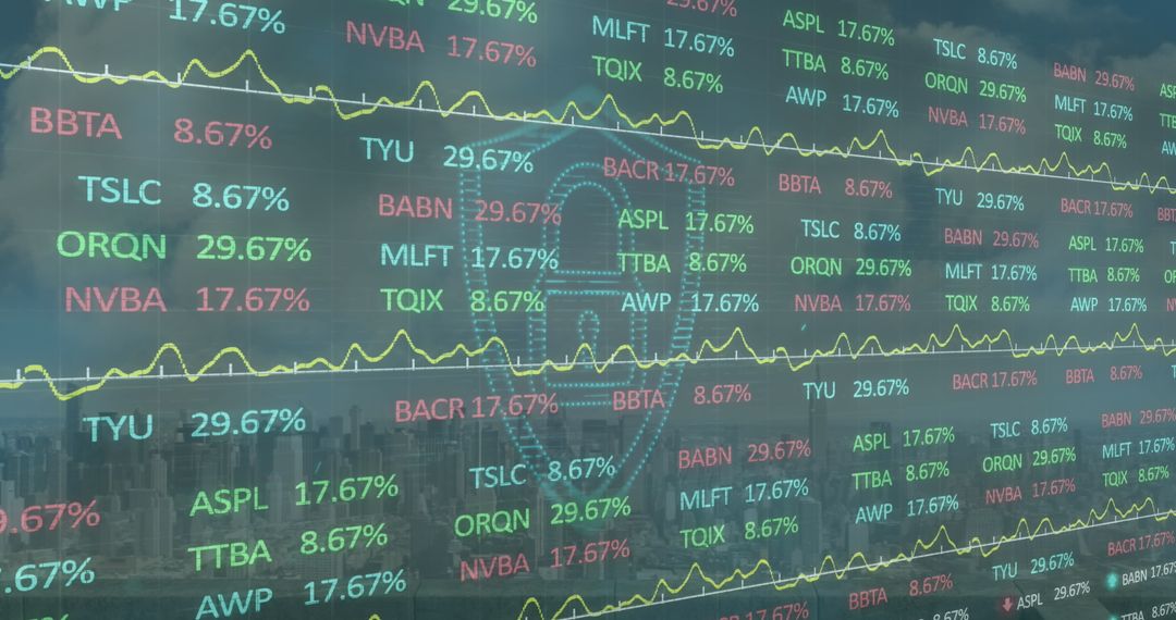 Digital Lock Over Financial Data on Cityscape Background