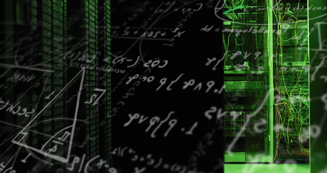 Mathematical Formulas Overlaid on Illuminated Server Racks