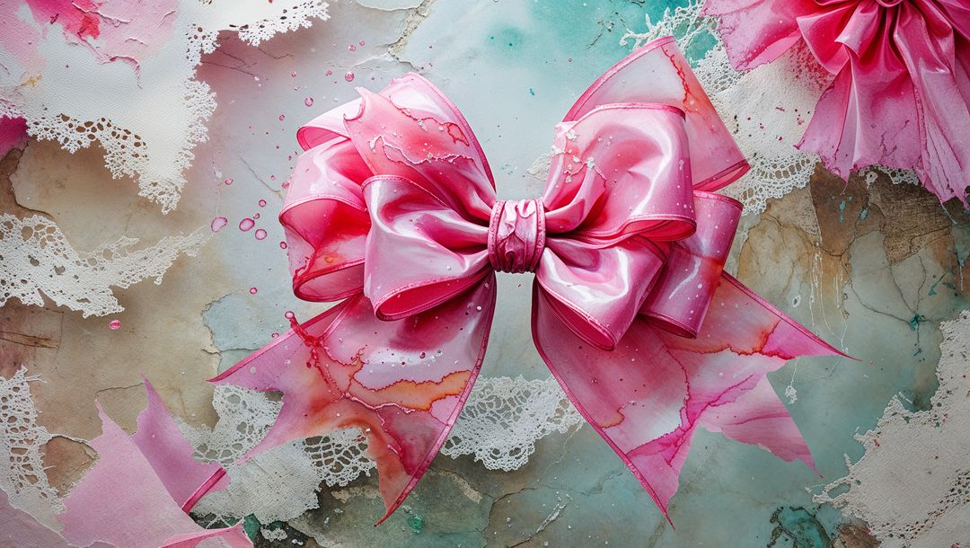 Glossy Pink Marbled Bow with Artistic Background