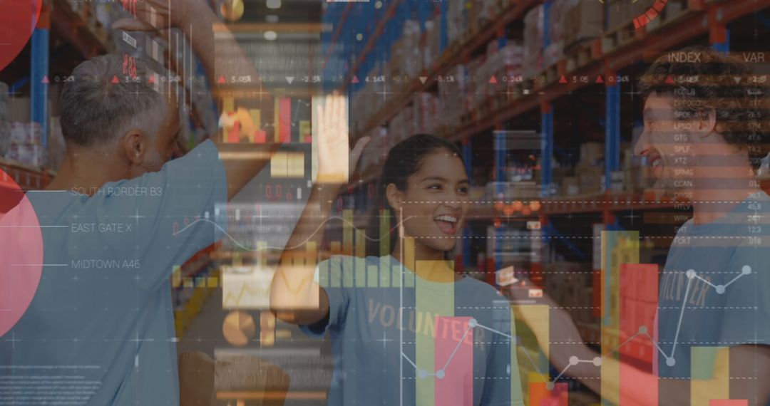 Volunteers High-Fiving with Data Graphs above Warehouse Shelves