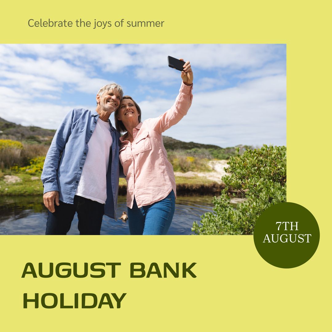 Composite of august bank holiday text over happy senior couple taking selfie in nature - Download Free Stock Templates Pikwizard.com