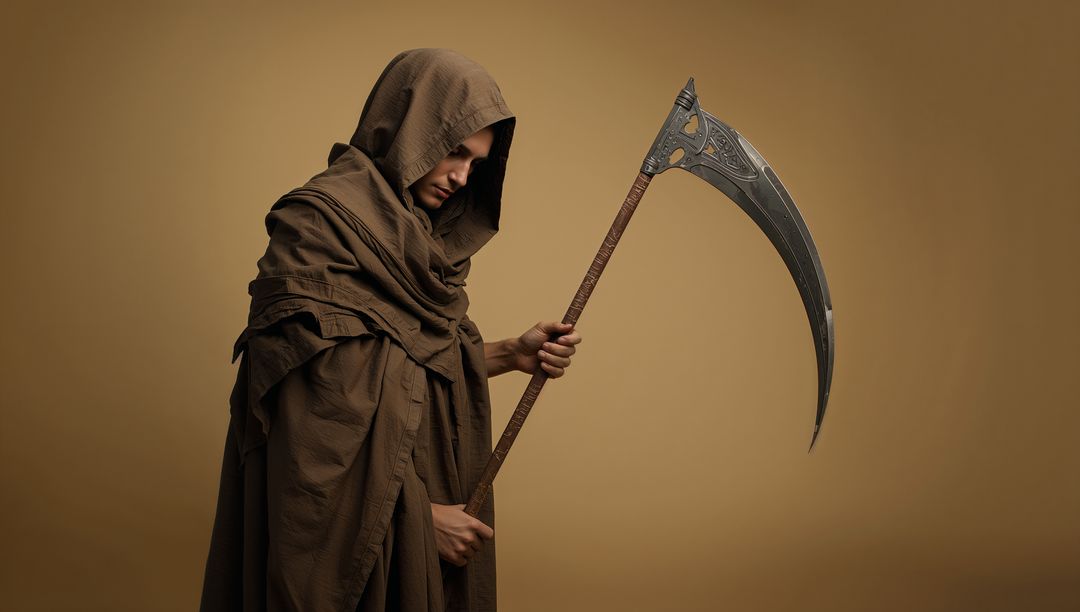 Medieval Cloaked Figure Holding Intricate Scythe