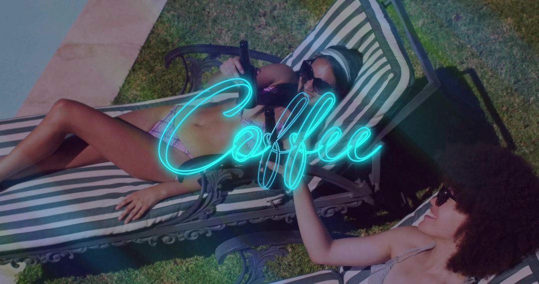 Neon Coffee Script Overlay on Sunbathing Friends Lounging Poolside on Striped Chaise