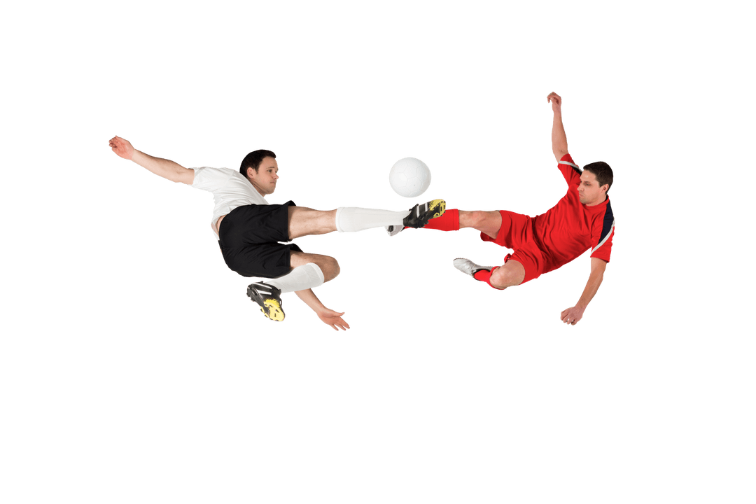 Dynamic Soccer Players Battling for Ball on Transparent Background