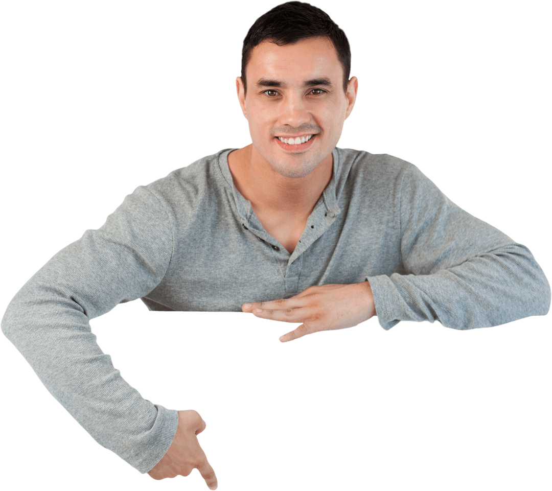 Smiling Man Presenting with Transparent Surrounding