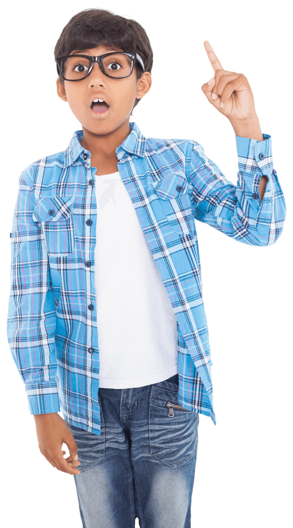 Curious Boy with Glasses Pointing Up on Transparent Background