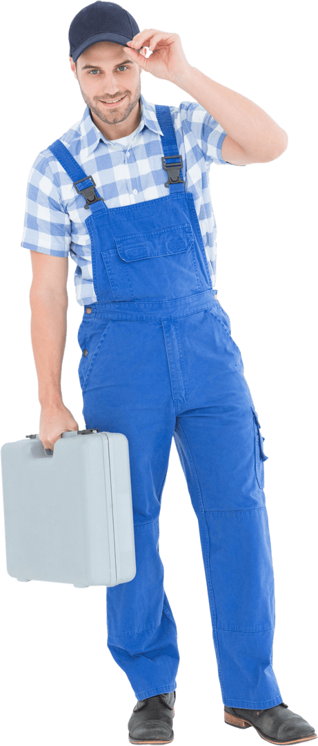 Transparent Full-Length Portrait of Confident Male Repairman with Toolbox