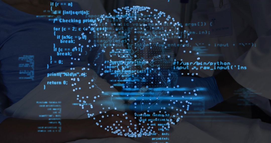 Healthcare Professionals Analyzing Digital Globe with Code Overlay